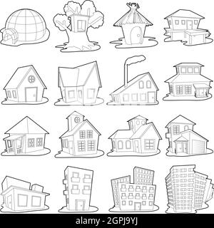 Maisons icons set, contour style cartoon Illustration de Vecteur