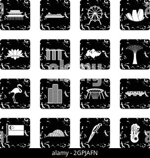 Jeu de Singapour, icônes grunge style Illustration de Vecteur