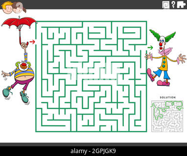 jeu éducatif labyrinthe avec personnages de clowns de dessin animé Illustration de Vecteur