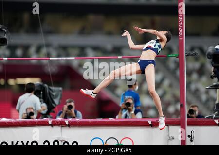 Mariya Lasitskene participant au saut en hauteur aux Jeux Olympiques de Tokyo en 2020. Banque D'Images