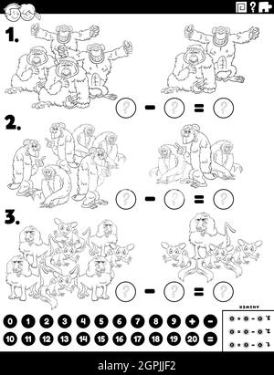 soustraction de la tâche éducative avec les singes et les singes page de livre couleur Illustration de Vecteur