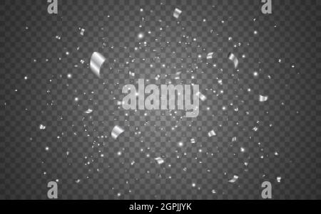 Confetti argentés sur fond transparent. Des étincelles de Noël. Serpentin volant brillant. Modèle anniversaire argent. Paillettes réalistes. Vecteur Illustration de Vecteur