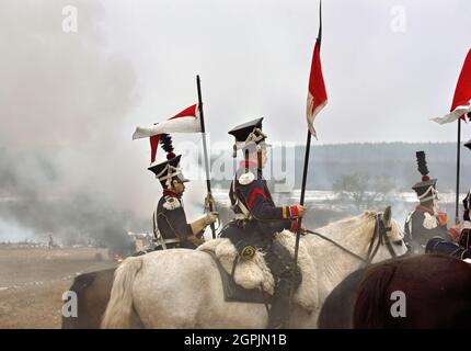 Borisov, Bélarus - 25 novembre 2018 : reconstruction historique la bataille de Berezina dans la guerre napoléonienne entre les armées russes et françaises en 1812. Cros Banque D'Images