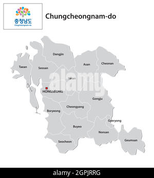 Carte vectorielle administrative de la province sud-coréenne de Chungcheong avec drapeau Illustration de Vecteur