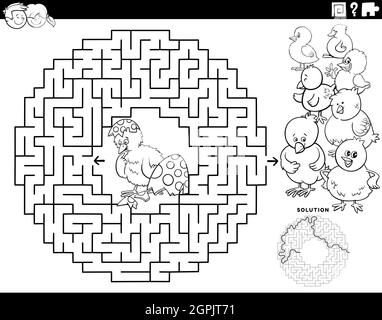 Jeu de labyrinthe avec la page de livre de coloriage de poussins de Pâques Illustration de Vecteur