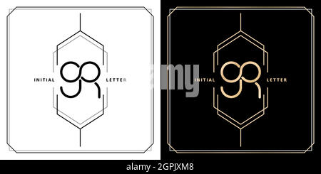GR lettre initiale et nom graphique, GR Monogram modèle infini avec cadres hexagonaux, pour mariage nom de couple, avec deux variantes de couleur motifs or et monochrome avec arrière-plan noir blanc isolé Illustration de Vecteur