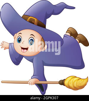 Petite sorcière volant avec un bâton de couvent Illustration de Vecteur