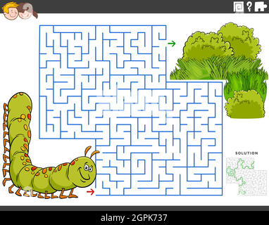 maze jeu éducatif avec bande dessinée caterpillar et prairie Illustration de Vecteur