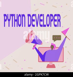 Inspiration montrant le développeur Python Sign. Approche métier responsable de l'écriture de la logique d'application Web côté serveur Lady à l'intérieur D'Un écran de moniteur Banque D'Images