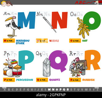 Lettres de l'alphabet de dessin animé éducatif pour les enfants de M à R. Illustration de Vecteur