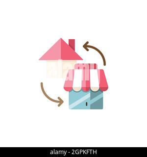 Maison et boutique. Concept de shopping à domicile. Icône de couleur plate. Illustration de vecteur commercial Illustration de Vecteur