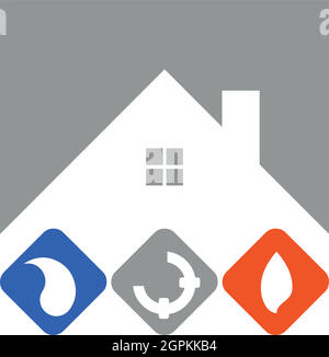 Maison, feu, tuyaux, eau, plombier, logo plombier Illustration de Vecteur