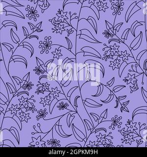 Nuit. Motif fleuri décoratif. Motif transparent de contours sombres sur un arrière-plan violet clair Illustration de Vecteur