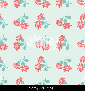 Fleurs dessinées à la main fleurs bleues branches avec fleurs rouges, motif floral sans couture résumé fond d'écran vecteur. Illustration botanique Line art pour un imprimé graphique. Couleur nature tendance bleu pastel Illustration de Vecteur