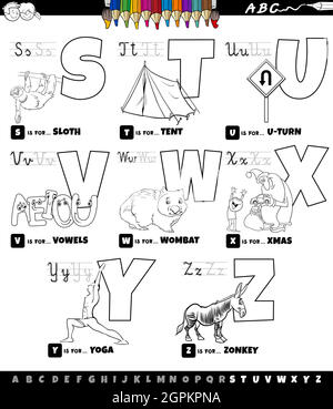 Alphabet de dessin animé éducatif ensemble de S à Z page de livre de couleur Illustration de Vecteur