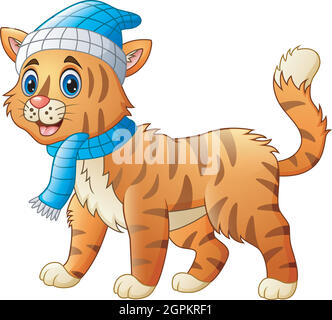 Dessin animé drôle habillé chat ou tigre dans le foulard et chapeau Illustration de Vecteur