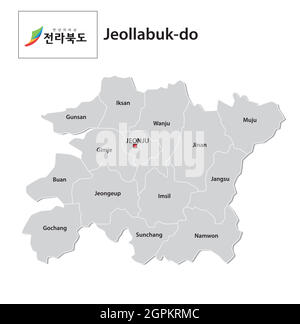 Carte vectorielle administrative de la province sud-coréenne de Jeollabuk-do avec drapeau Illustration de Vecteur