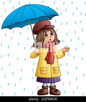 Petite fille de dessin animé avec parapluie debout sous les gouttes de pluie Illustration de Vecteur