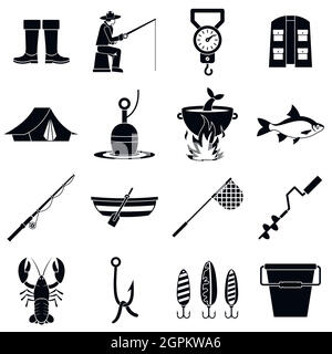 Outils de pêche, le style simple icons set Illustration de Vecteur