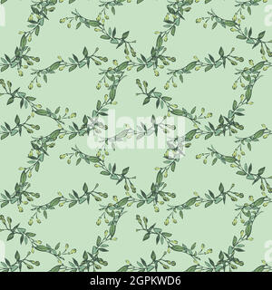 Branche d'eucalyptus avec dessin de bourgeons, motif floral sans couture, vecteur d'arrière-plan abstrait nature. Dessin au trait, illustration botanique, motif graphique, tissu. Papier peint tendance vert menthe couleurs Illustration de Vecteur