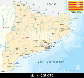 Carte vectorielle de la région espagnole de Catalogne avec drapeau Illustration de Vecteur