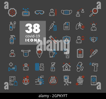 Définir les icônes de vecteur de virus corona. Symptômes et protection Illustration de Vecteur