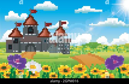 Dessin animé Illustration du château sur un paysage de colline Illustration de Vecteur