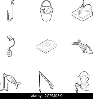 Icons set pêche style du contour, Illustration de Vecteur
