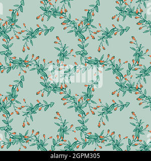 Branche d'eucalyptus avec dessin de bourgeons, motif floral sans couture, vecteur d'arrière-plan abstrait nature. Dessin au trait, illustration botanique, motif graphique, tissu. Papier peint tendance vert menthe couleurs Illustration de Vecteur