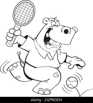 Illustration en noir et blanc d'un hippopotame jouant au tennis. Illustration de Vecteur