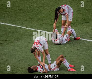 Barueri, Brésil. 29 septembre 2021. Match entre Santos et São Paulo, valable pour le championnat de football féminin de São Paulo en 2021, tenu à Arena Barueri, ce mercredi après-midi, 29 septembre, à Arena Barueri. Crédit: Van Campos/FotoArena/Alamy Live News Banque D'Images