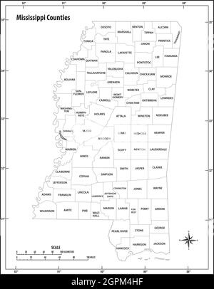 carte vectorielle administrative et politique de l'état du mississippi en noir et blanc Illustration de Vecteur