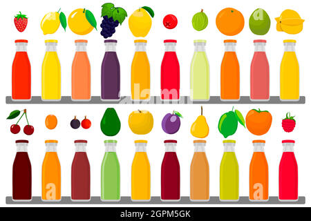 grands flacons en verre avec bouchons remplis de jus de fruits multicolores liquides Illustration de Vecteur