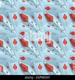 Motif géométrique avec ornements floraux rouges et illusion d'ombre sur fond bleu. Texture architecturale vectorielle sans couture avec décorations folkloriques. Surf Illustration de Vecteur