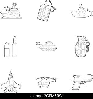 Icônes d'armes militaires, style contour Illustration de Vecteur