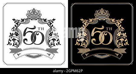 Illustration du symbole du 50e anniversaire d'or avec emblèmes de la couronne royale, deux variantes or et monochrome décor isolé noir et blanc. Applicable aux cartes de vœux, invitation, etc Illustration de Vecteur