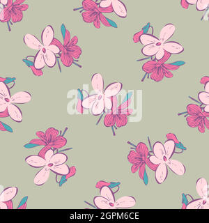 Branches avec fleurs dessinant, fleur dans les couleurs roses, fleurs de prairie sans couture motif, nature résumé vecteur d'arrière-plan. Dessin au trait d'art botanique illustration graphique imprimé. Papier peint gris tendance Illustration de Vecteur