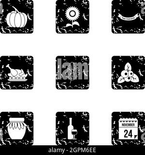 Ensemble d'icônes du jour de Thanksgiving, style grunge Illustration de Vecteur