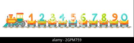 Formez les enfants avec des chiffres dans un style de dessin animé. Chiffres vectoriels pour l'éducation des enfants en mathématiques à l'école, à la maternelle et à la maternelle. Illustration de Vecteur