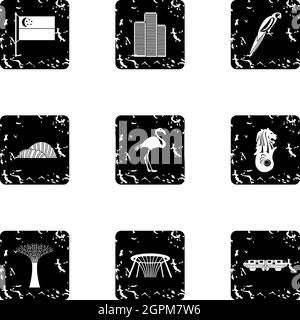 Ensemble d'icônes de Singapour, style grunge Illustration de Vecteur