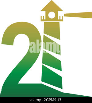 Numéro 2 avec modèle de conception de logo d'icône de phare Illustration de Vecteur