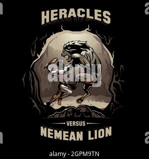 Heracles et l'illustration du vecteur Lion Nemean peuvent être utilisés pour l'impression d'affiches, de chemises ou tout autre but. Illustration de Vecteur