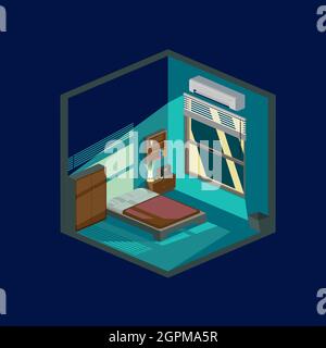 Chambre à coucher à la nuit illustration vectorielle style isométrique pour élément de conception tel que bannière Web, infographie, publicité ou tout autre but. Illustration de Vecteur