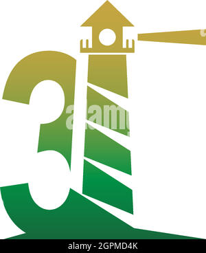 Numéro 3 avec modèle de conception de logo d'icône de phare Illustration de Vecteur