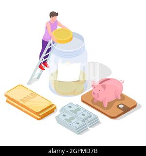 Lingot d'or, argent, banque de porc, homme mettant la pièce de dollar dans un pot en verre, illustration isométrique vectorielle.Investissement financier. Illustration de Vecteur