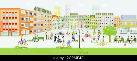 Ville avec des piétons et des familles en temps libre, zone sans voiture, illustration Illustration de Vecteur