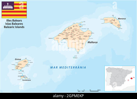 Carte vectorielle des îles Baléares dans l'ouest de la Méditerranée mer Illustration de Vecteur