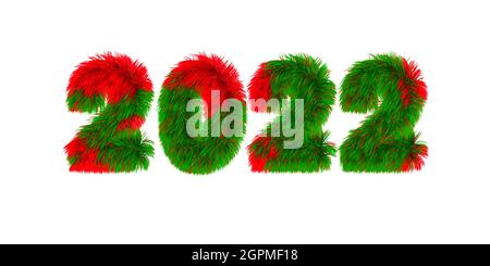2022 date avec des chiffres rouges verts moelleux isolés sur fond blanc. Noël nouvel an design de vacances. Banque D'Images