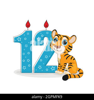 Joli dessin animé tigre avec illustration vectorielle numéro douze. Idéal pour les cartes, les invitations de fête, les affiches, les autocollants et les vêtements. Concept anniversaire ou anniversaire de douze mois Illustration de Vecteur