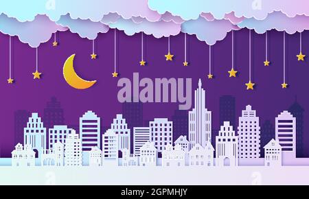 Paysage nocturne de la ville dans le style de la coupe du papier. Le papier dégradé violet et bleu a coupé les bâtiments résidentiels de bureau et le ciel nuageux le soir avec la lune et les étoiles Illustration de Vecteur